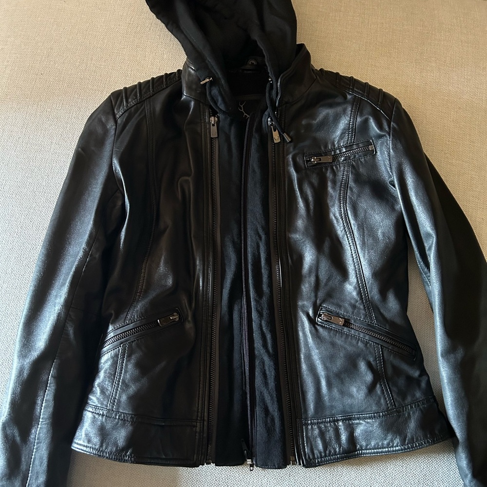 Black Leather Jacket with detachable Hood see pics. Soft leather worn once - Picture 3 of 15